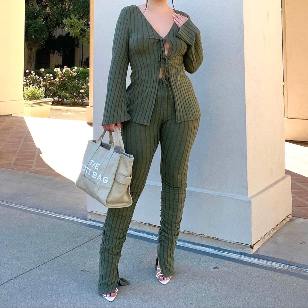 NEW Olive Tie Front Top + Split Hem Ruched Pant Set